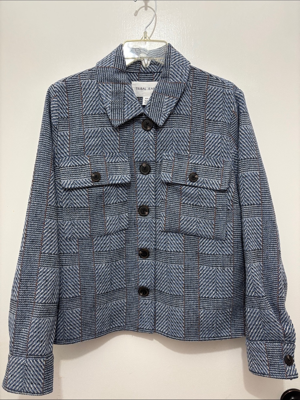 TRIBAL JEANS Women's Blue Patterned Button-Front Blazer Jacket NWT Sz M